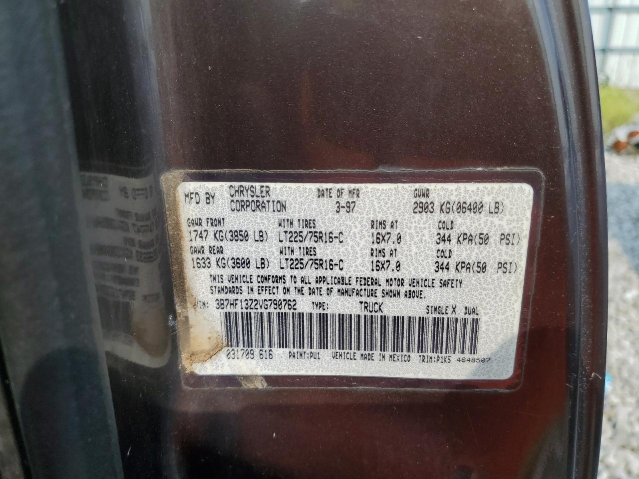 1997 Dodge Ram 1500 VIN: 3B7HF13Z2VG790762 Lot: 64375544