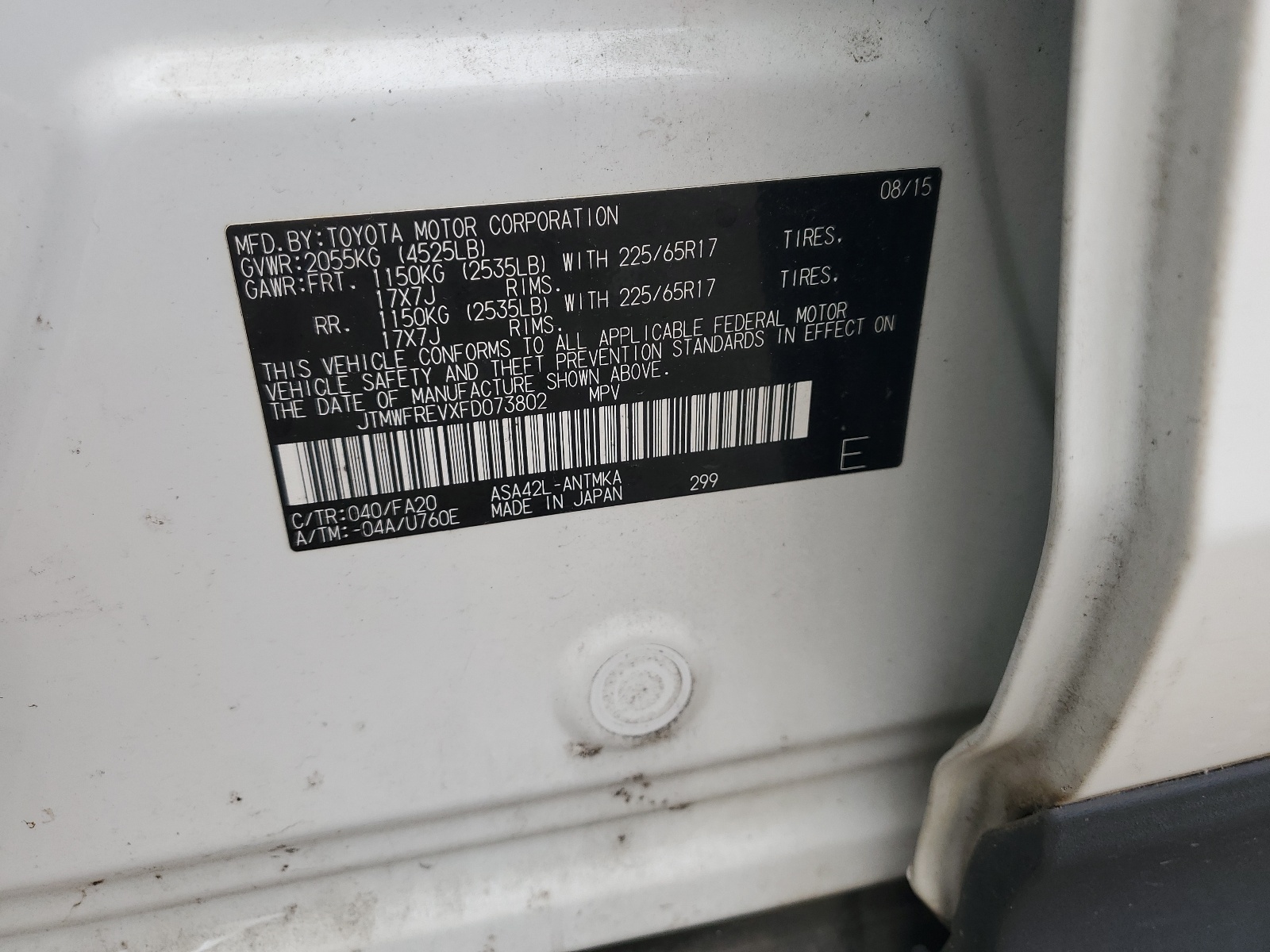 JTMWFREVXFD073802 2015 Toyota Rav4 Xle