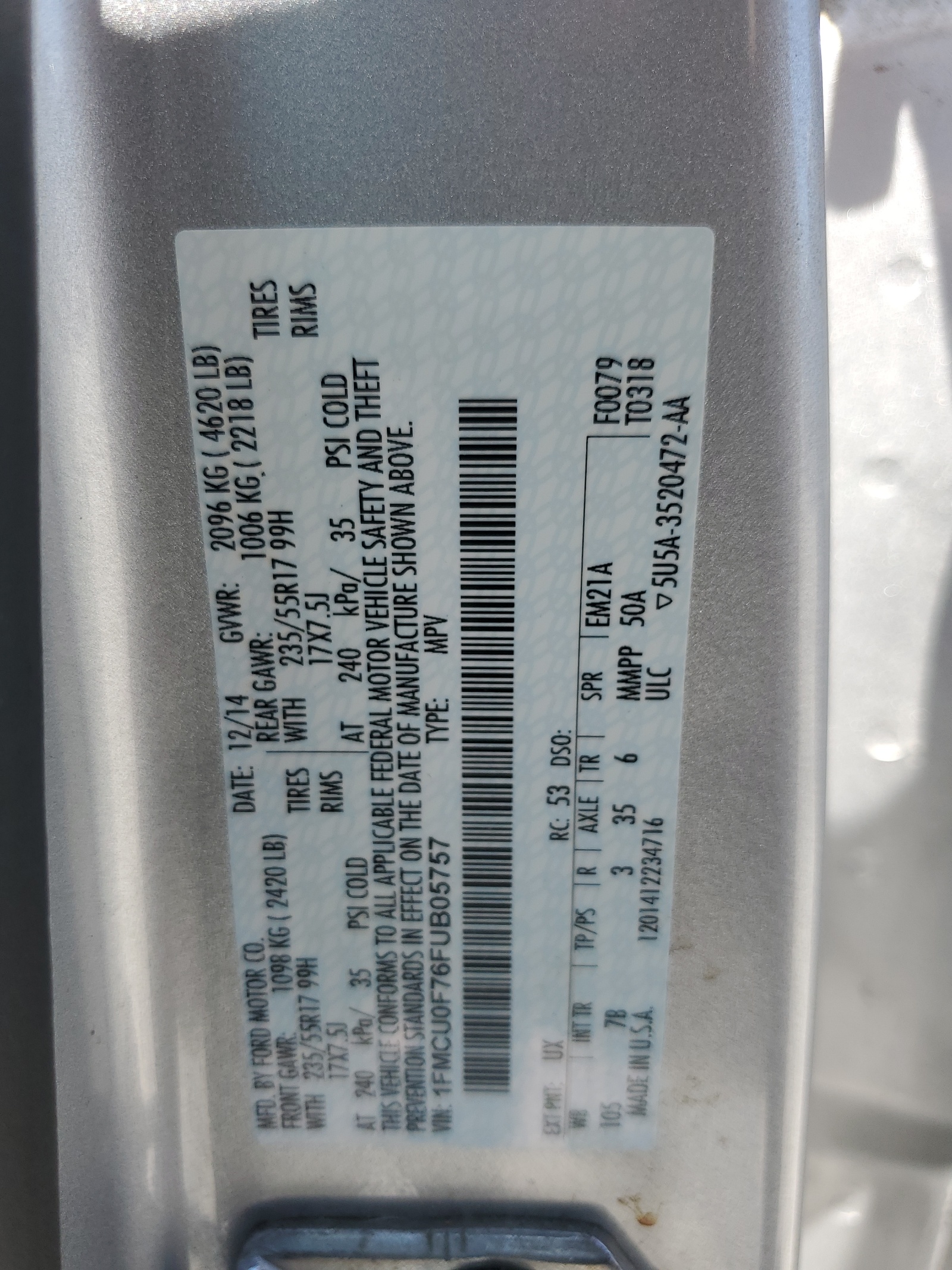1FMCU0F76FUB05757 2015 Ford Escape S
