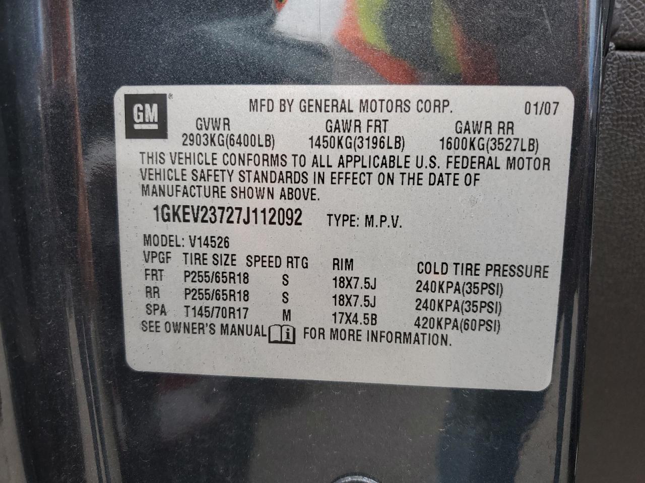 2007 GMC Acadia Slt-1 VIN: 1GKEV23727J112092 Lot: 64678324