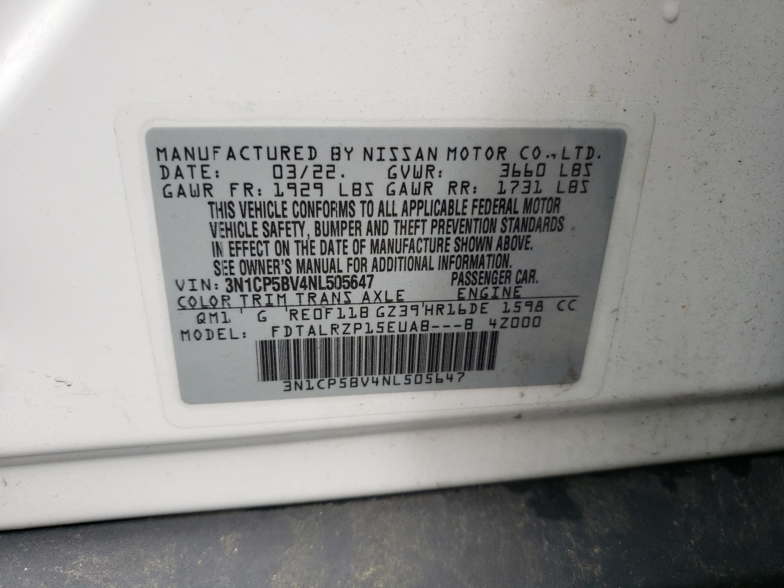 3N1CP5BV4NL505647 2022 Nissan Kicks S