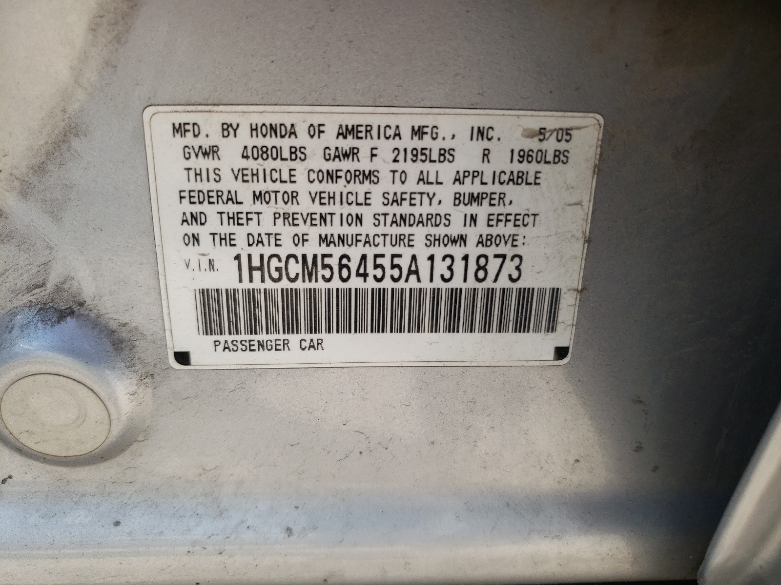 1HGCM56455A131873 2005 Honda Accord Lx