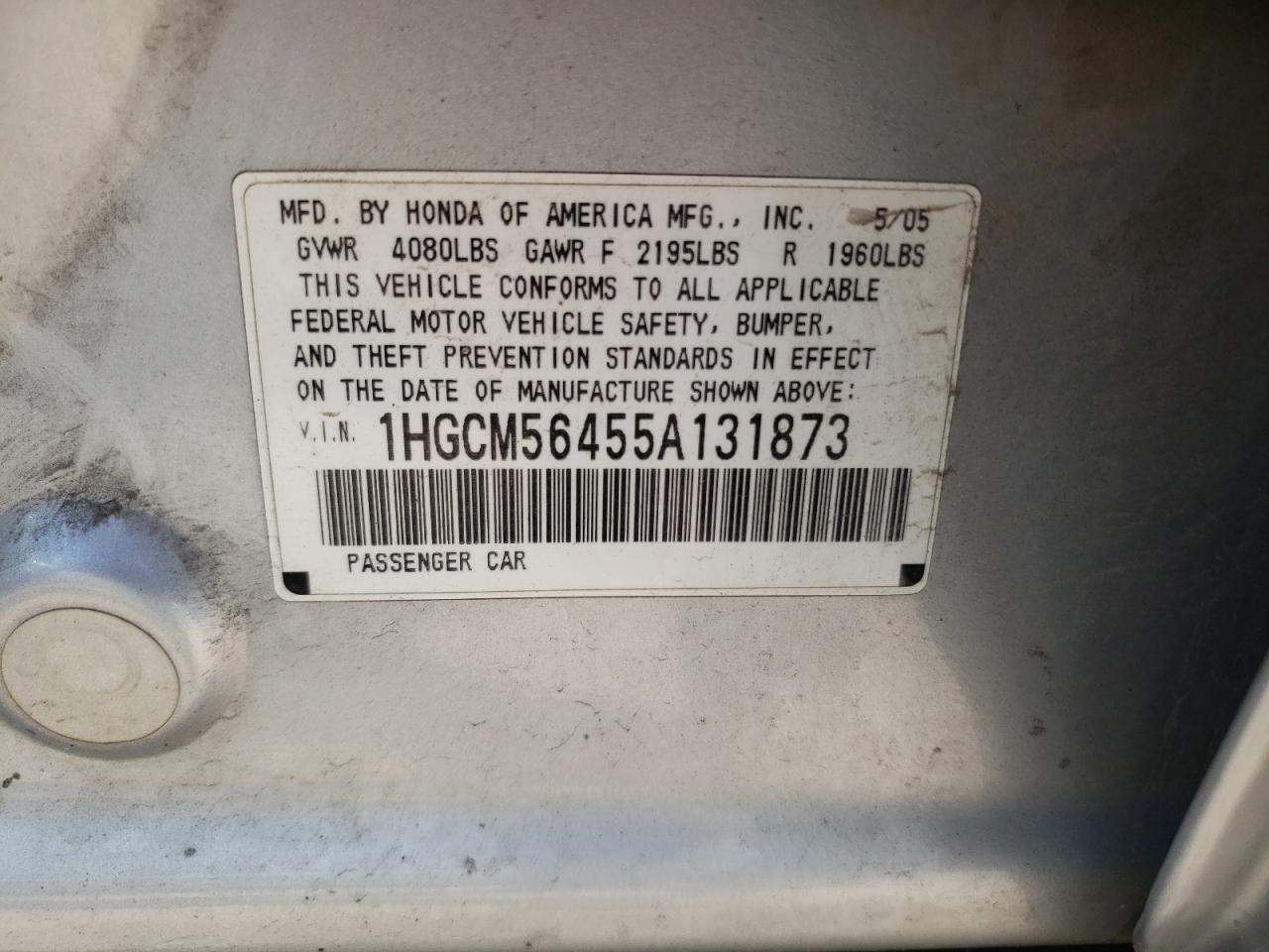 2005 Honda Accord Lx VIN: 1HGCM56455A131873 Lot: 63801184