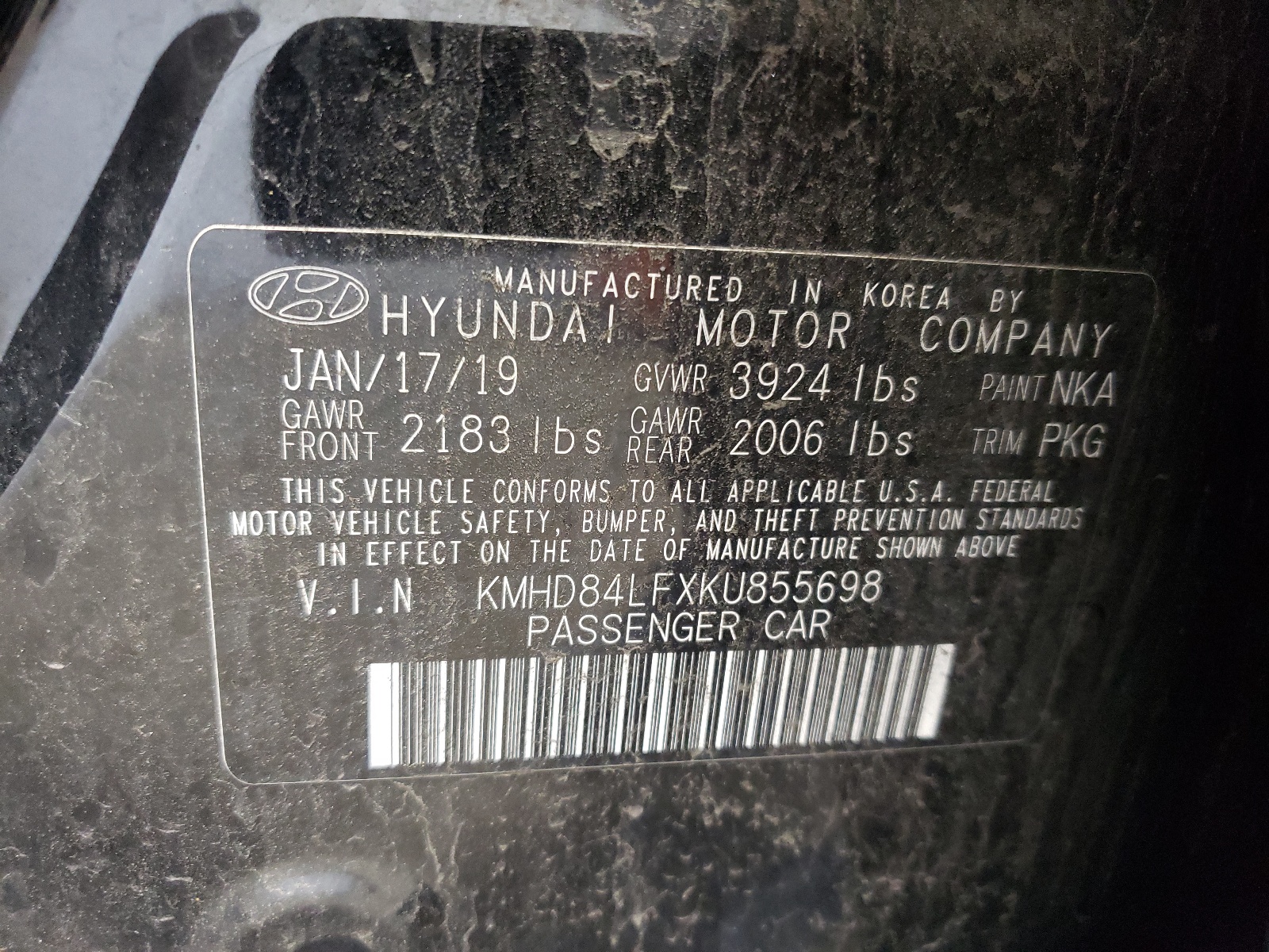 KMHD84LFXKU855698 2019 Hyundai Elantra Sel