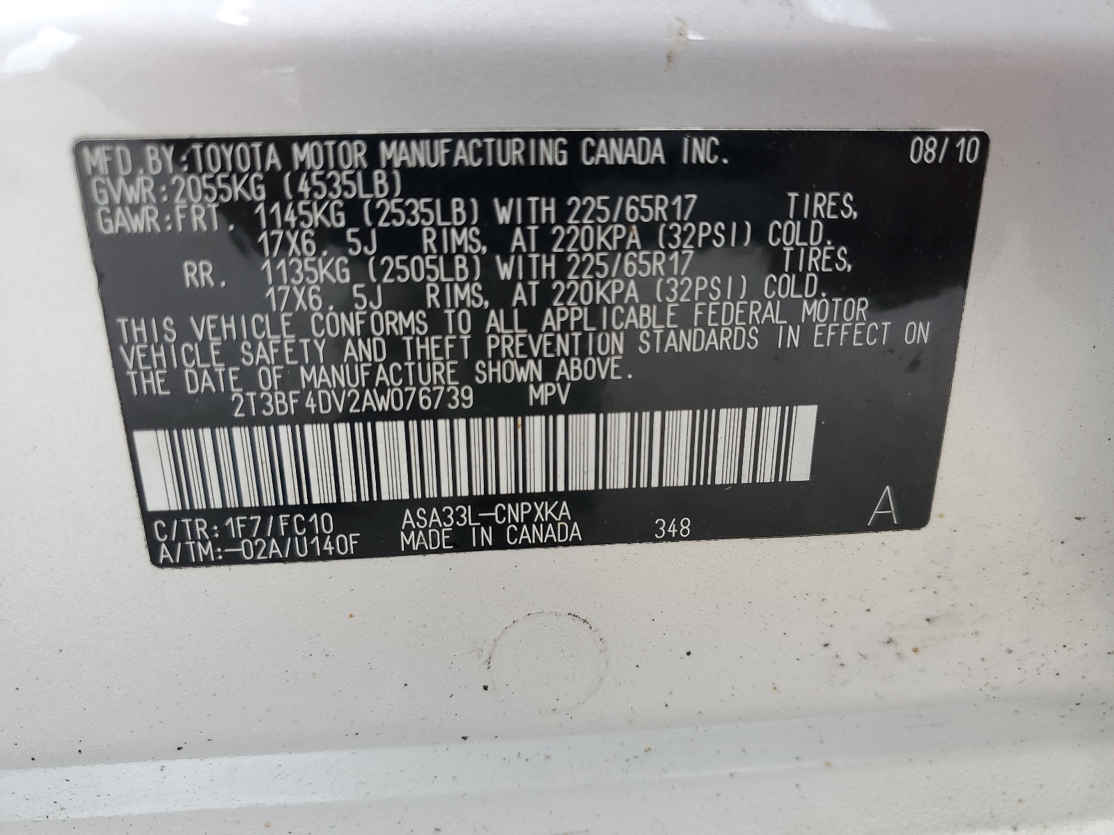2T3BF4DV2AW076739 2010 Toyota Rav4