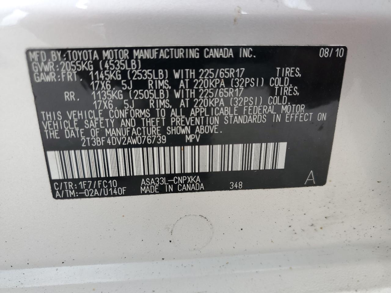 2010 Toyota Rav4 VIN: 2T3BF4DV2AW076739 Lot: 64228814