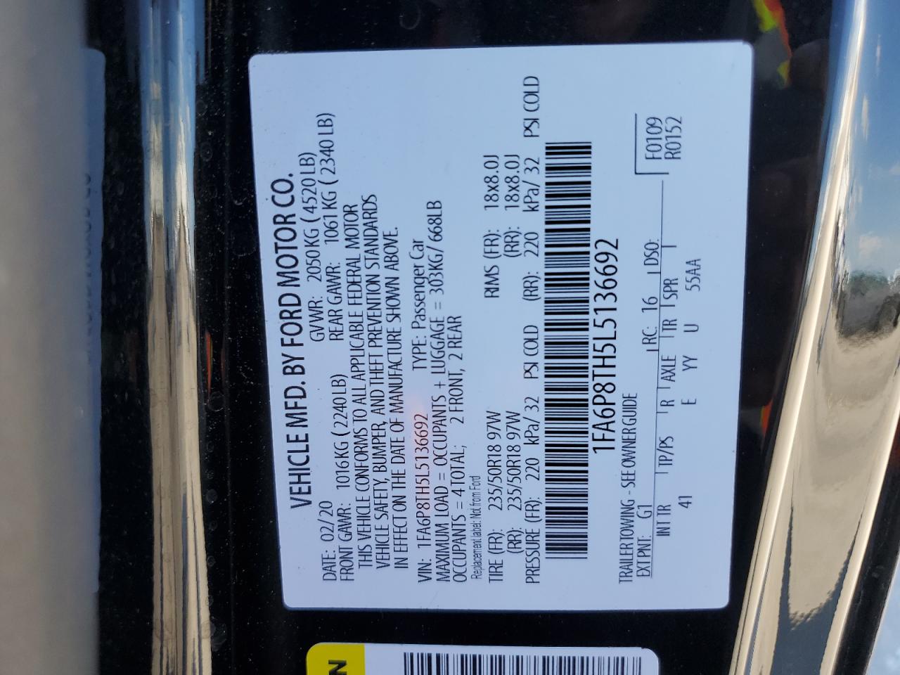 2020 Ford Mustang VIN: 1FA6P8TH5L5136692 Lot: 62597534