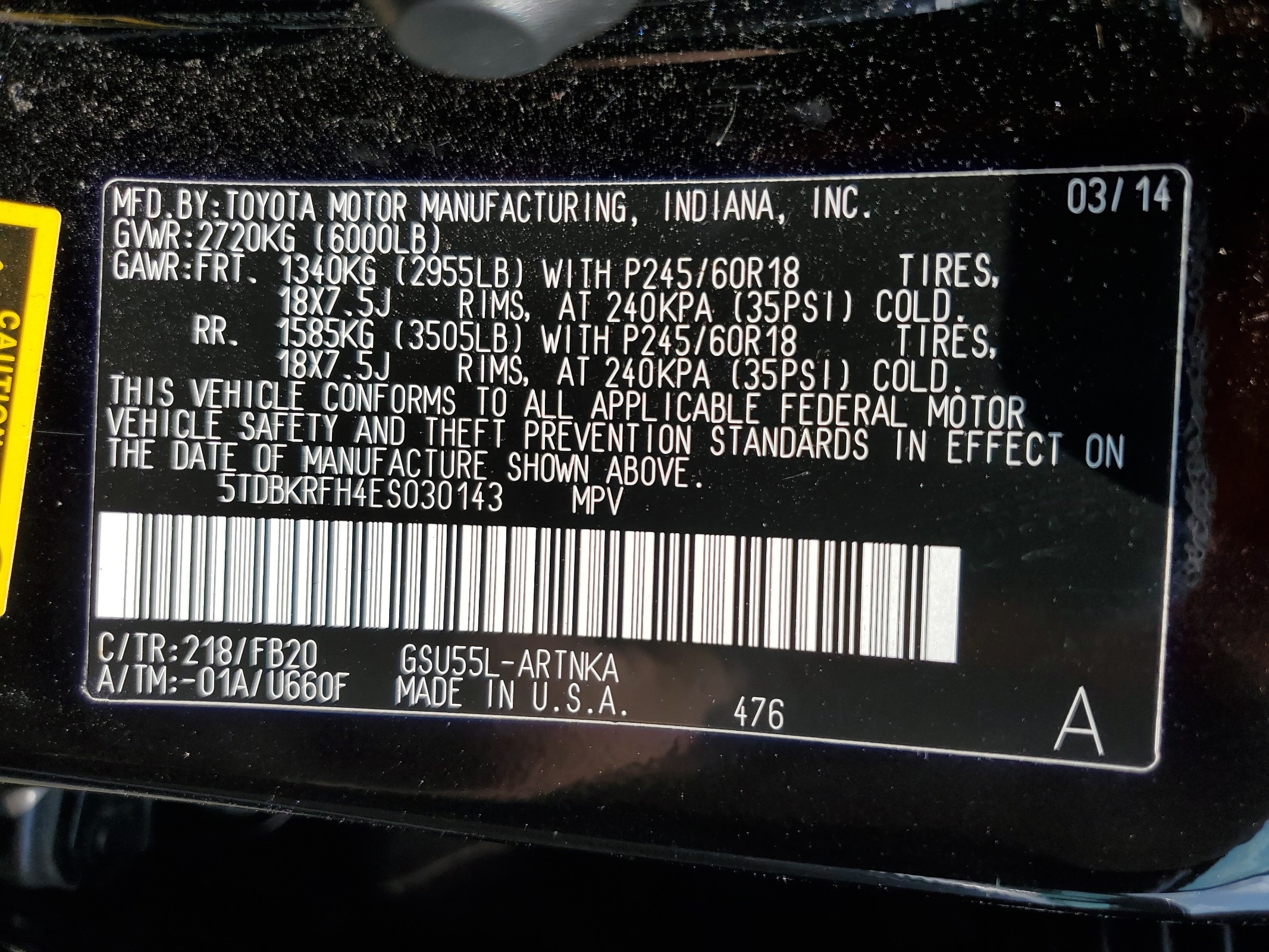 5TDBKRFH4ES030143 2014 Toyota Highlander Le