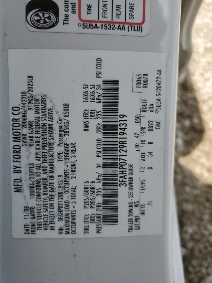 2009 Ford Fusion Se VIN: 3FAHP07129R194319 Lot: 54008564