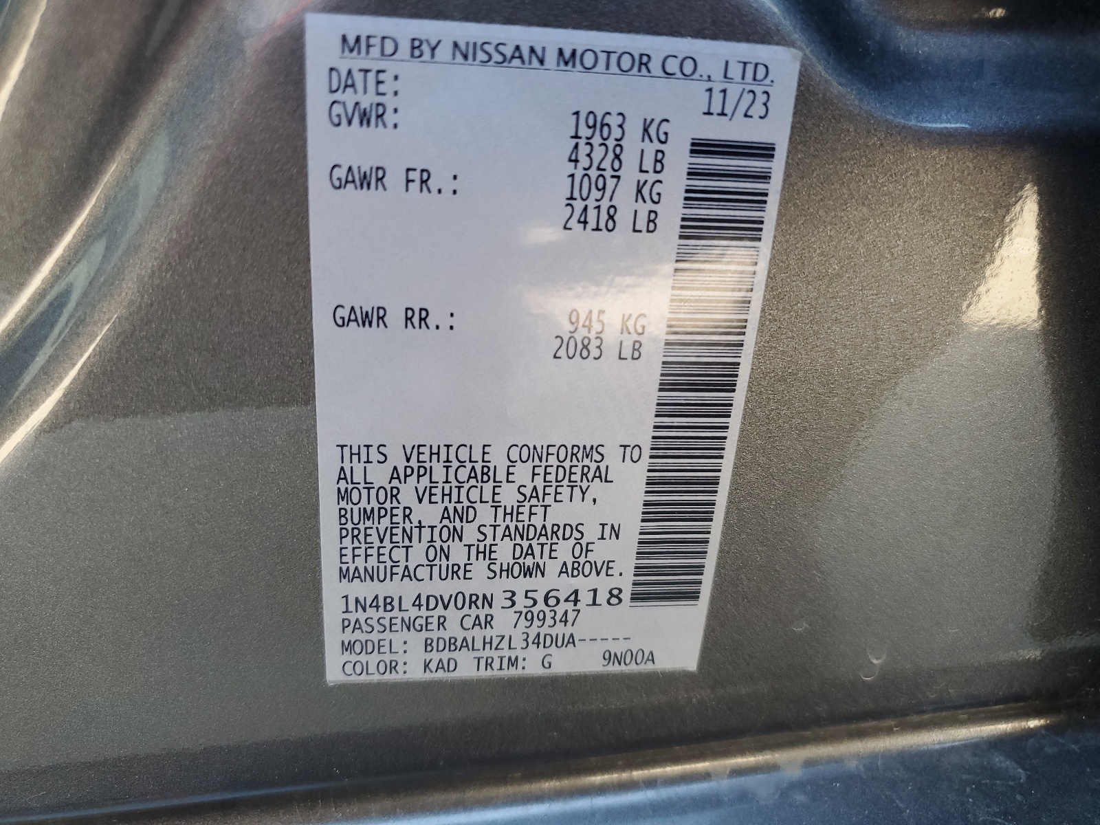 2024 Nissan Altima Sv vin: 1N4BL4DV0RN356418