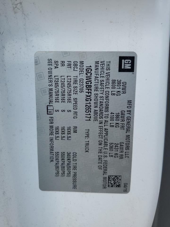 2016 Chevrolet Express G2500 VIN: 1GCWGBFFXG1265171 Lot: 64372114