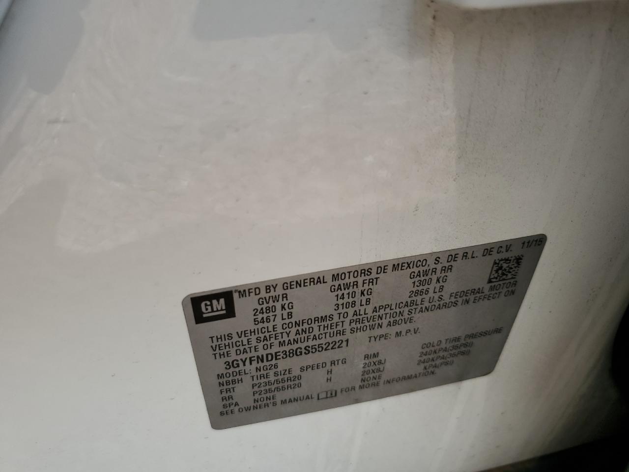 2016 Cadillac Srx Premium Collection VIN: 3GYFNDE38GS552221 Lot: 63295874