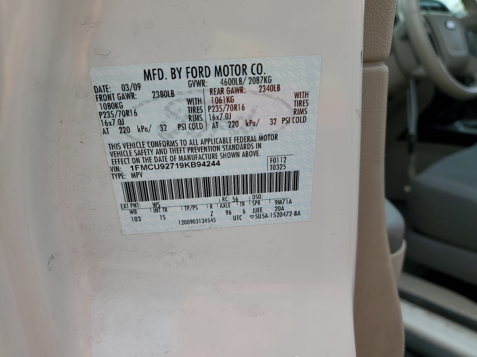 1FMCU92719KB94244 2009 Ford Escape Xls