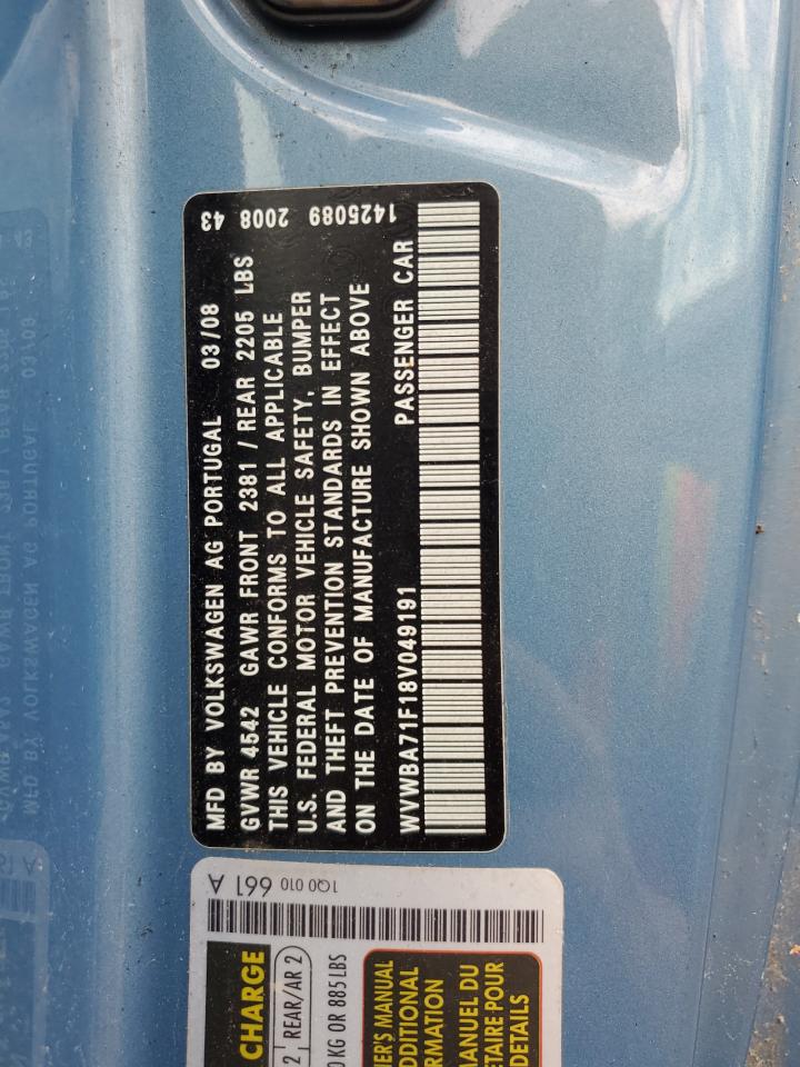 2008 Volkswagen Eos Turbo VIN: WVWBA71F18V049191 Lot: 62828414