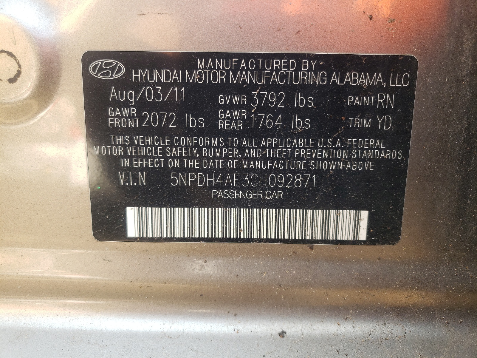 5NPDH4AE3CH092871 2012 Hyundai Elantra Gls