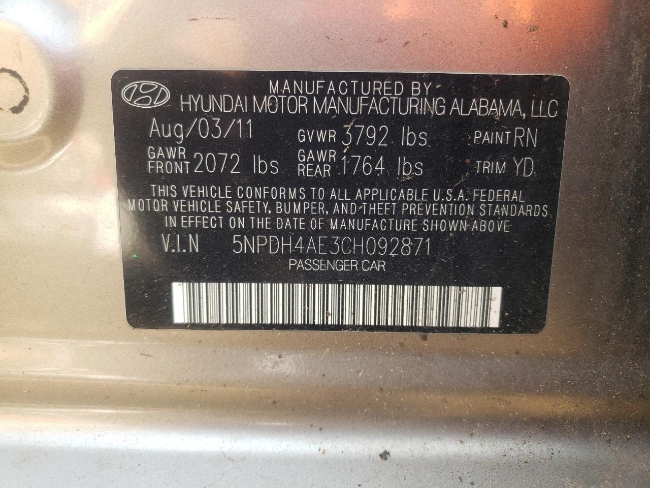 2012 Hyundai Elantra Gls VIN: 5NPDH4AE3CH092871 Lot: 64184224