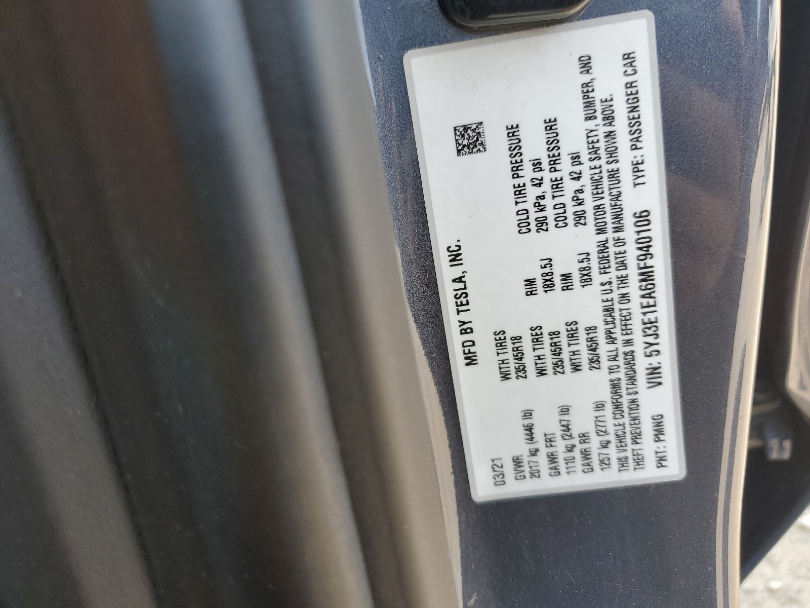 5YJ3E1EA6MF940106 2021 Tesla Model 3