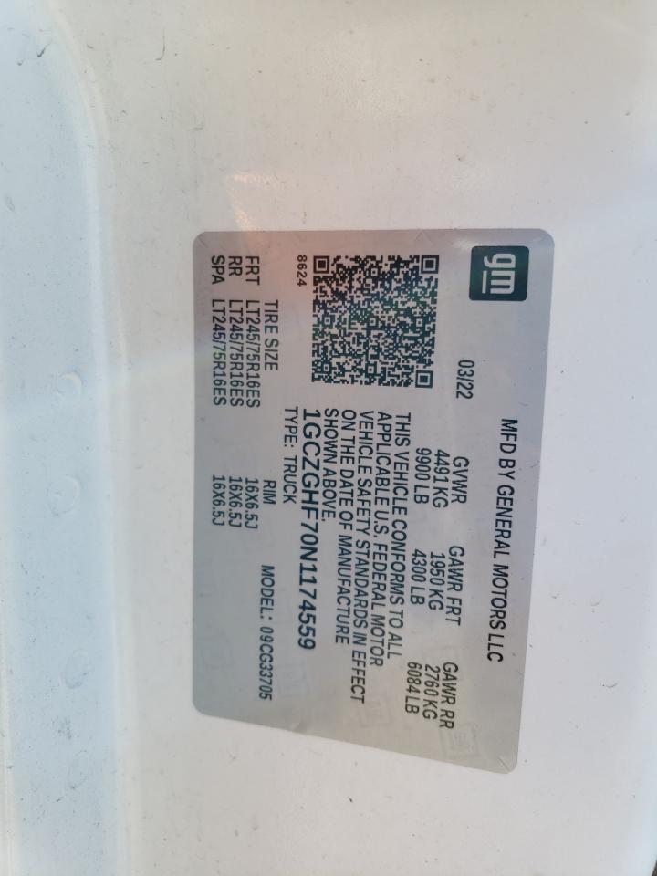 2022 Chevrolet Express G3500 VIN: 1GCZGHF70N1174559 Lot: 60432434