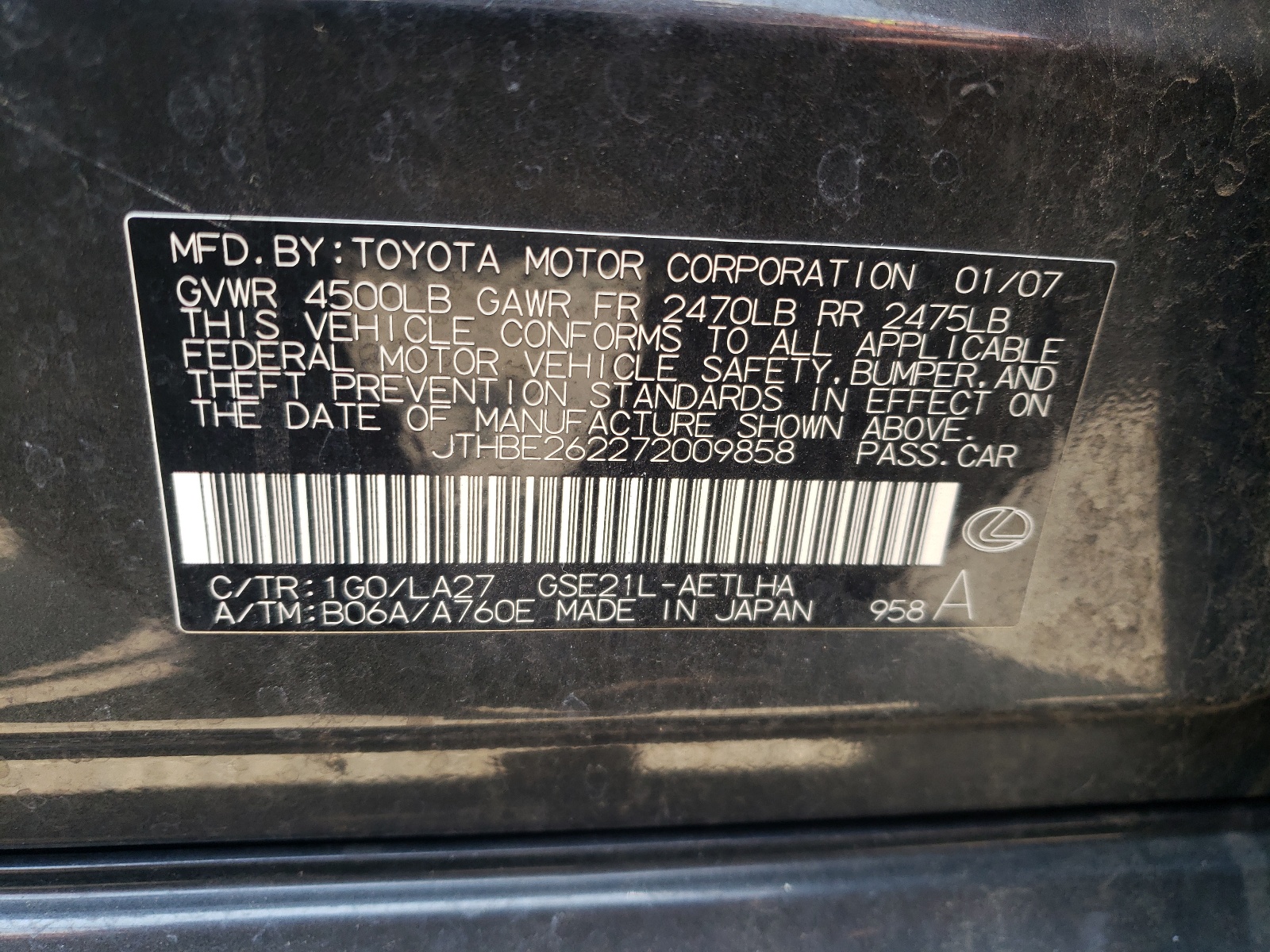 JTHBE262272009858 2007 Lexus Is 350