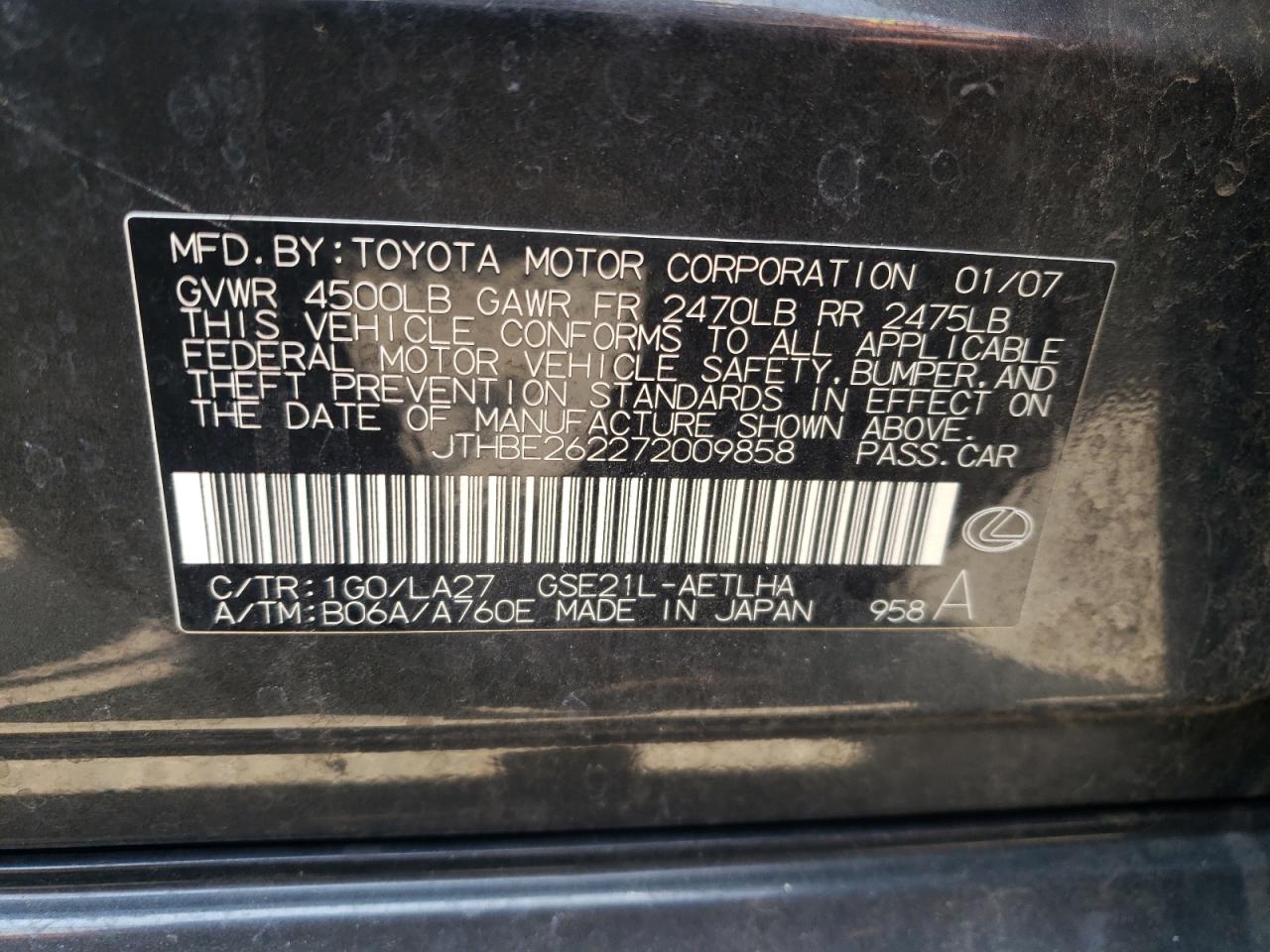 2007 Lexus Is 350 VIN: JTHBE262272009858 Lot: 64486764