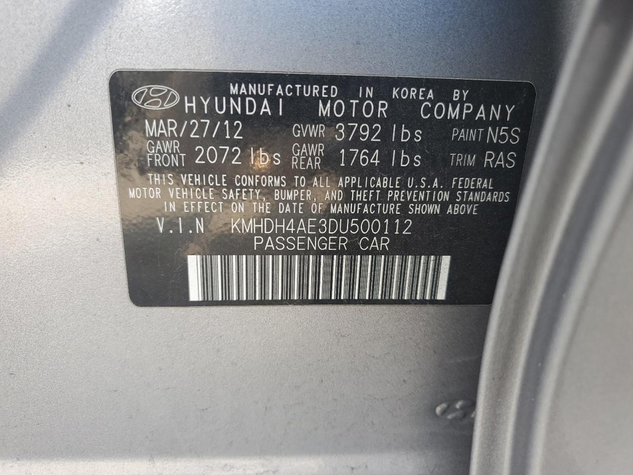 2013 Hyundai Elantra Gls VIN: KMHDH4AE3DU500112 Lot: 64425944