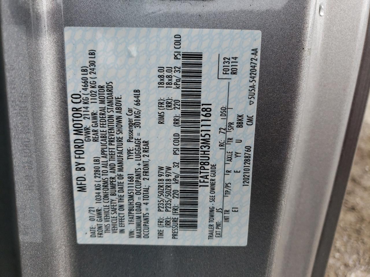 2021 Ford Mustang VIN: 1FATP8UH3M5111681 Lot: 63670824