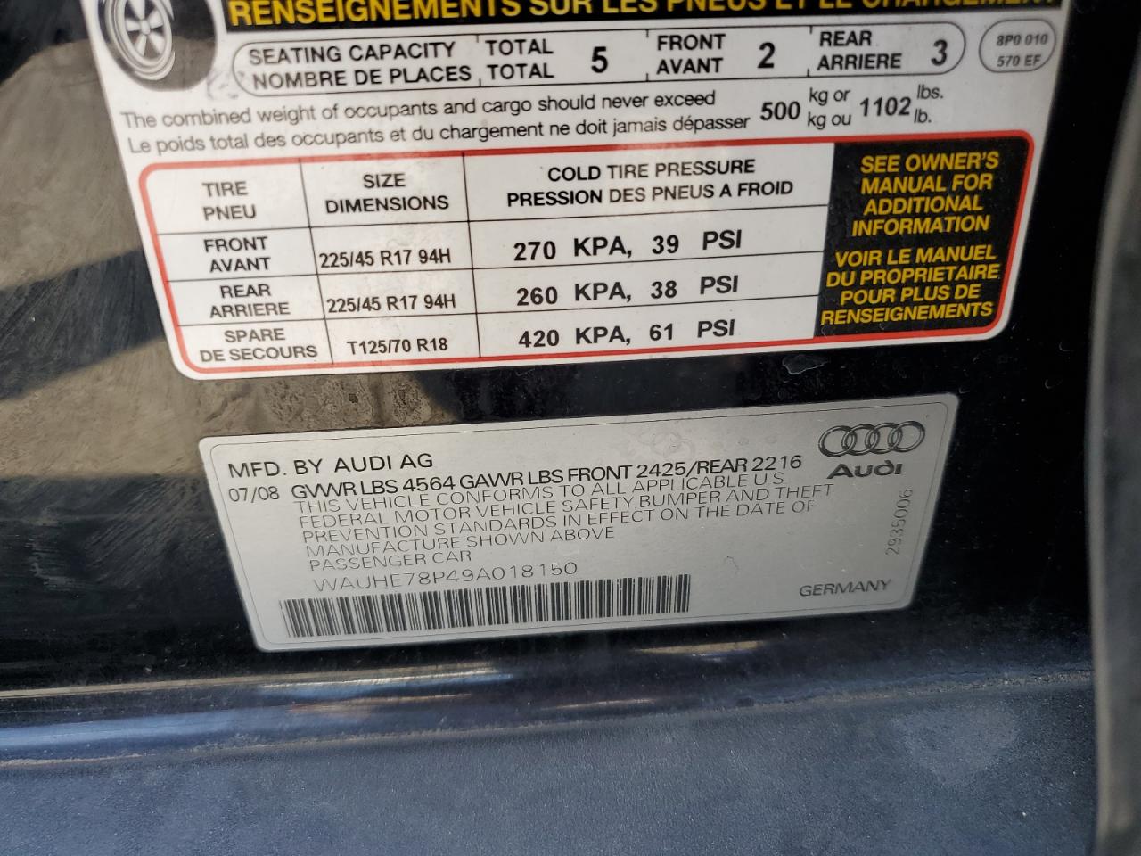 2009 Audi A3 2.0T VIN: WAUHE78P49A018150 Lot: 64253484