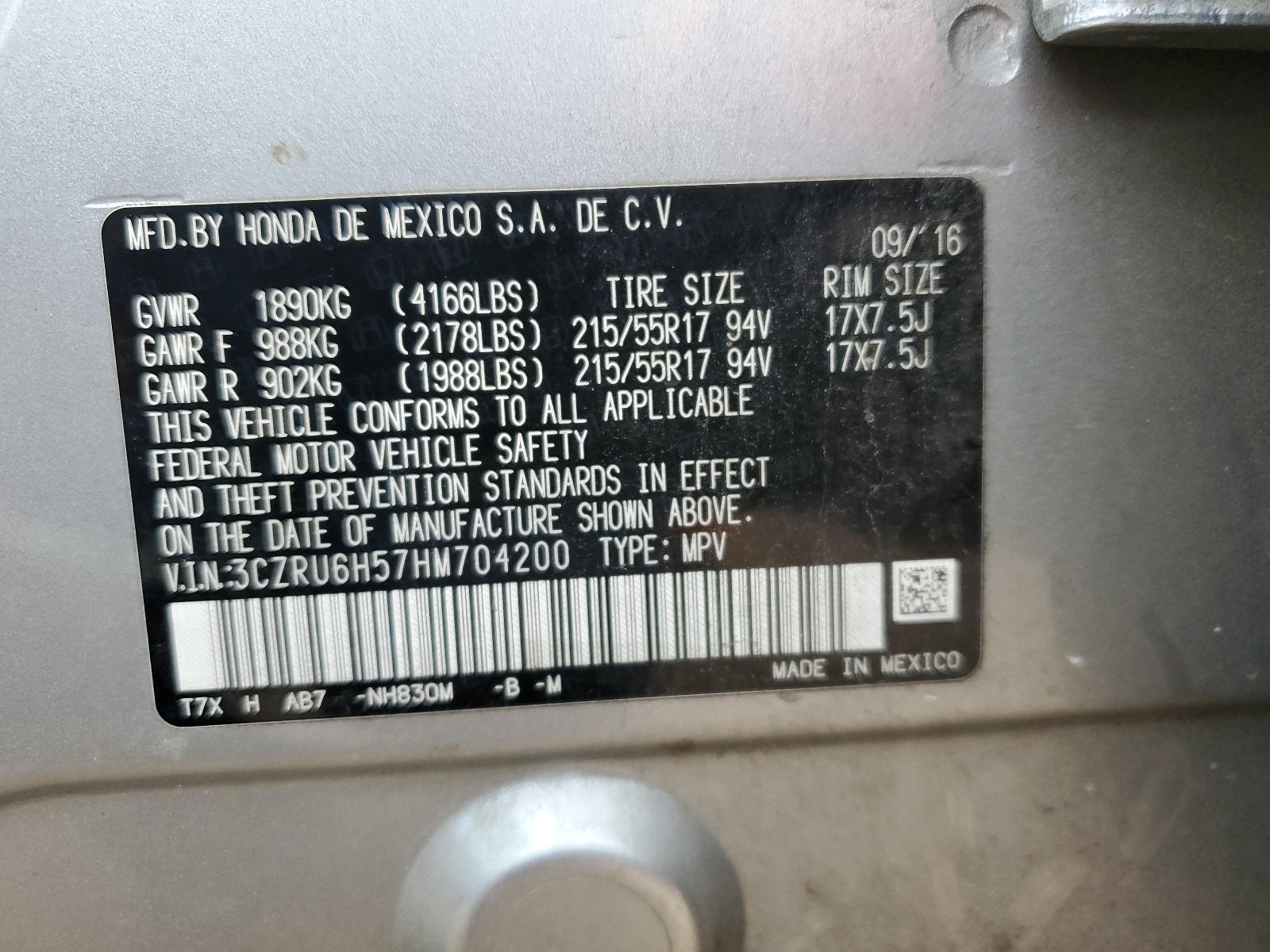 3CZRU6H57HM704200 2017 Honda Hr-V Ex