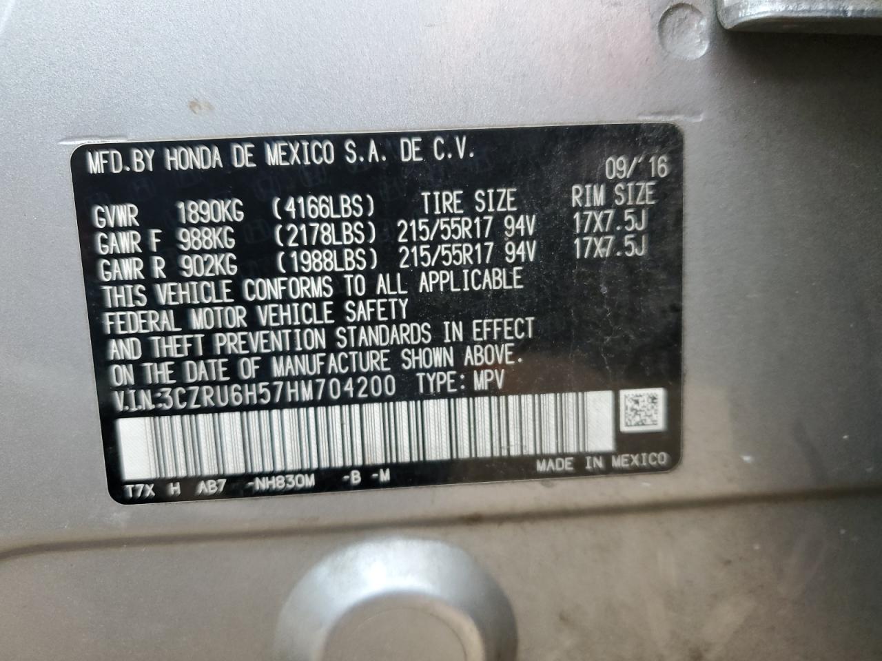 2017 Honda Hr-V Ex VIN: 3CZRU6H57HM704200 Lot: 63329014