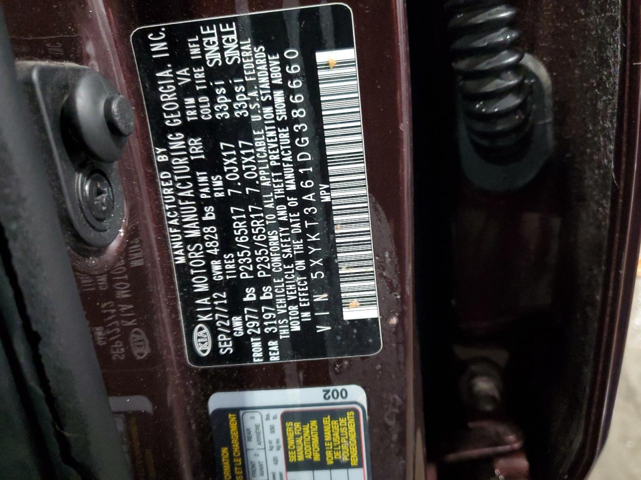 2013 Kia Sorento Lx VIN: 5XYKT3A61DG386660 Lot: 64258824