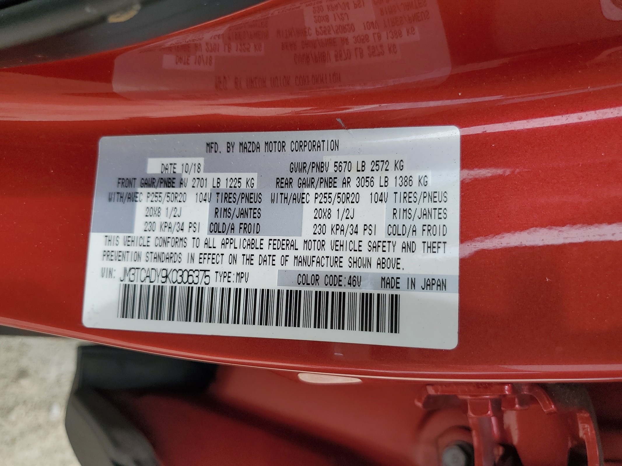 JM3TCADY9K0306375 2019 Mazda Cx-9 Grand Touring