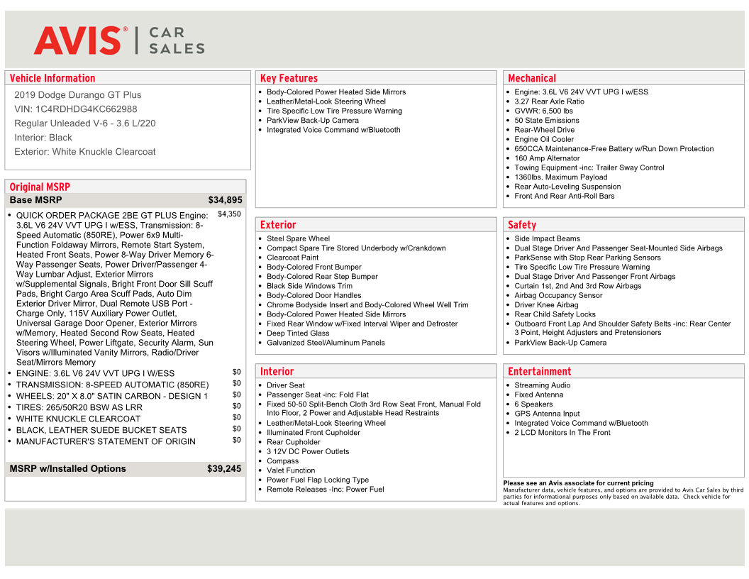 1C4RDHDG4KC662988 2019 Dodge Durango Gt