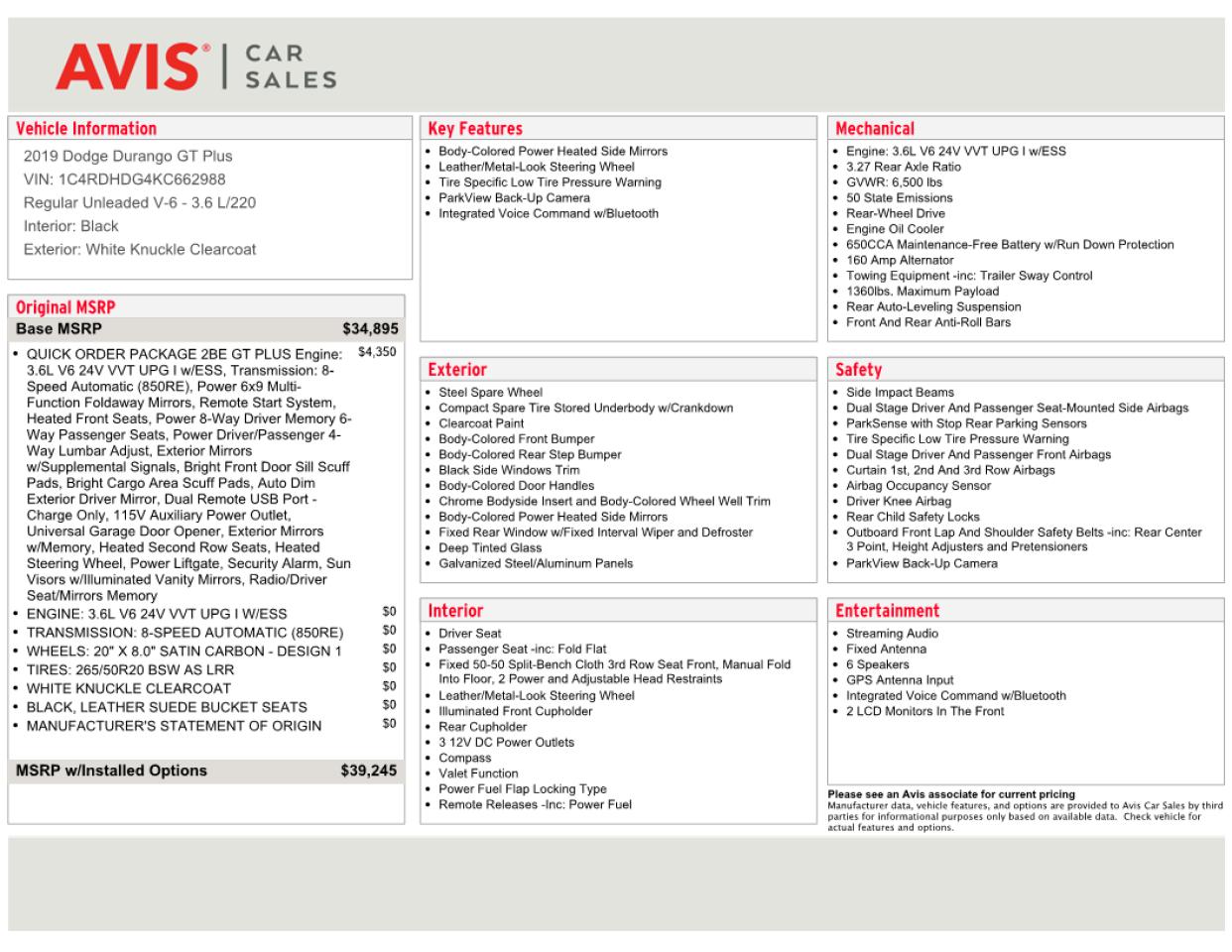 2019 Dodge Durango Gt VIN: 1C4RDHDG4KC662988 Lot: 64400034