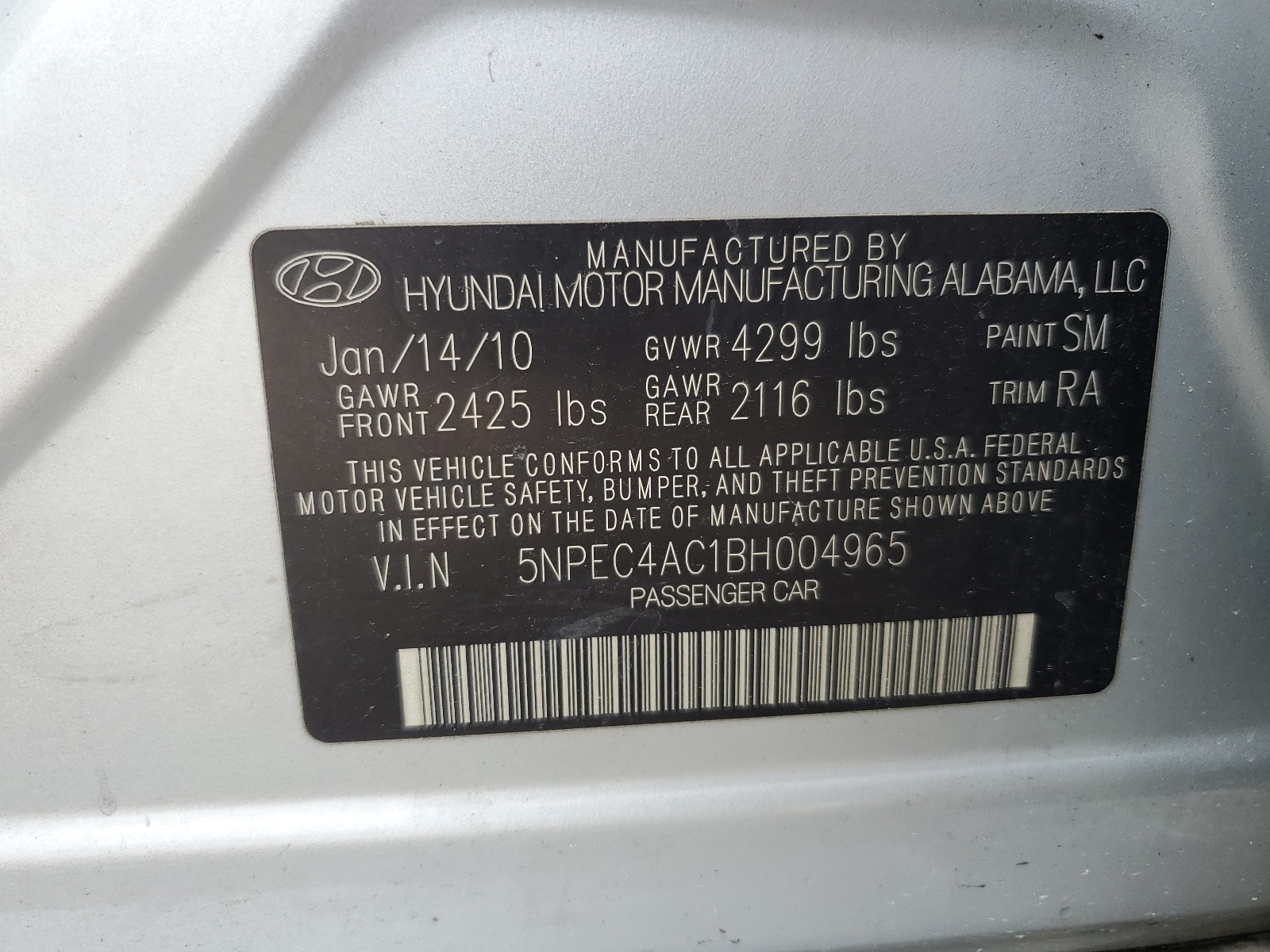 5NPEC4AC1BH004965 2011 Hyundai Sonata Se