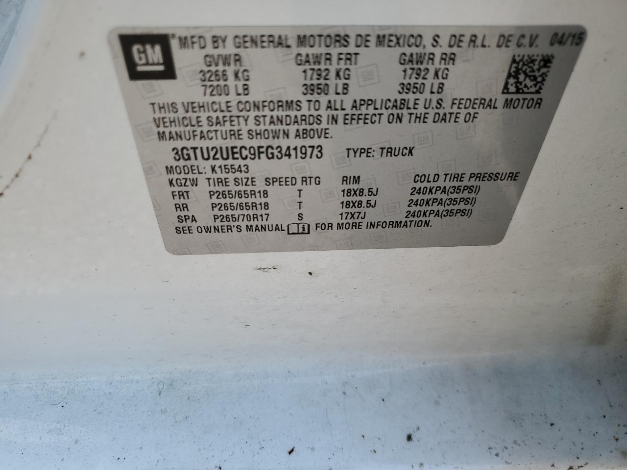 3GTU2UEC9FG341973 2015 GMC Sierra K1500 Sle