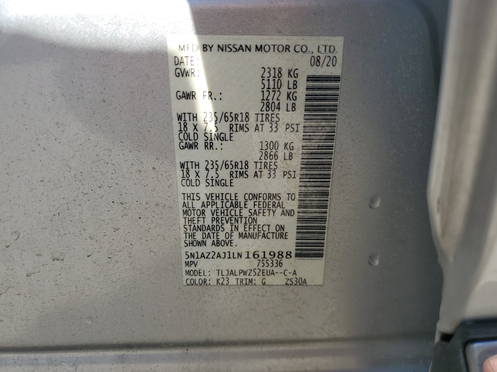 5N1AZ2AJ1LN161988 2020 Nissan Murano S