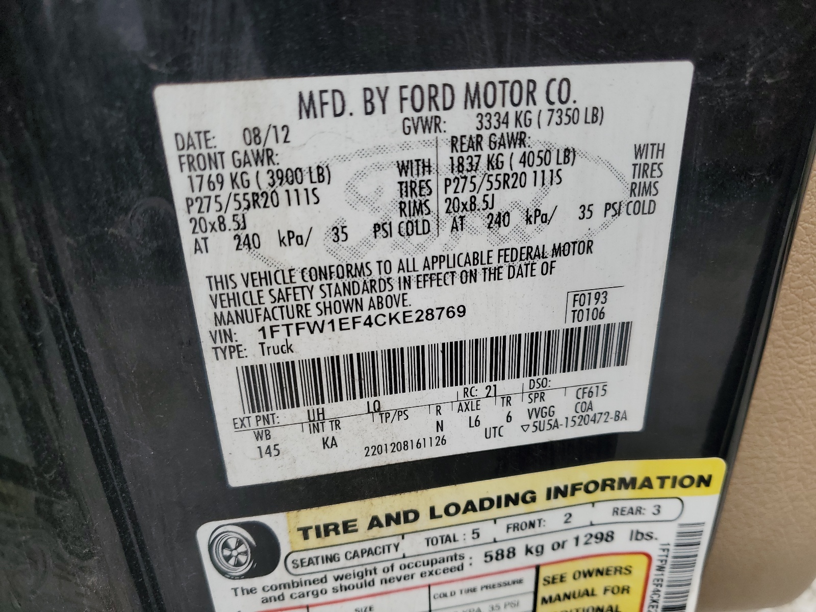 1FTFW1EF4CKE28769 2012 Ford F150 Supercrew