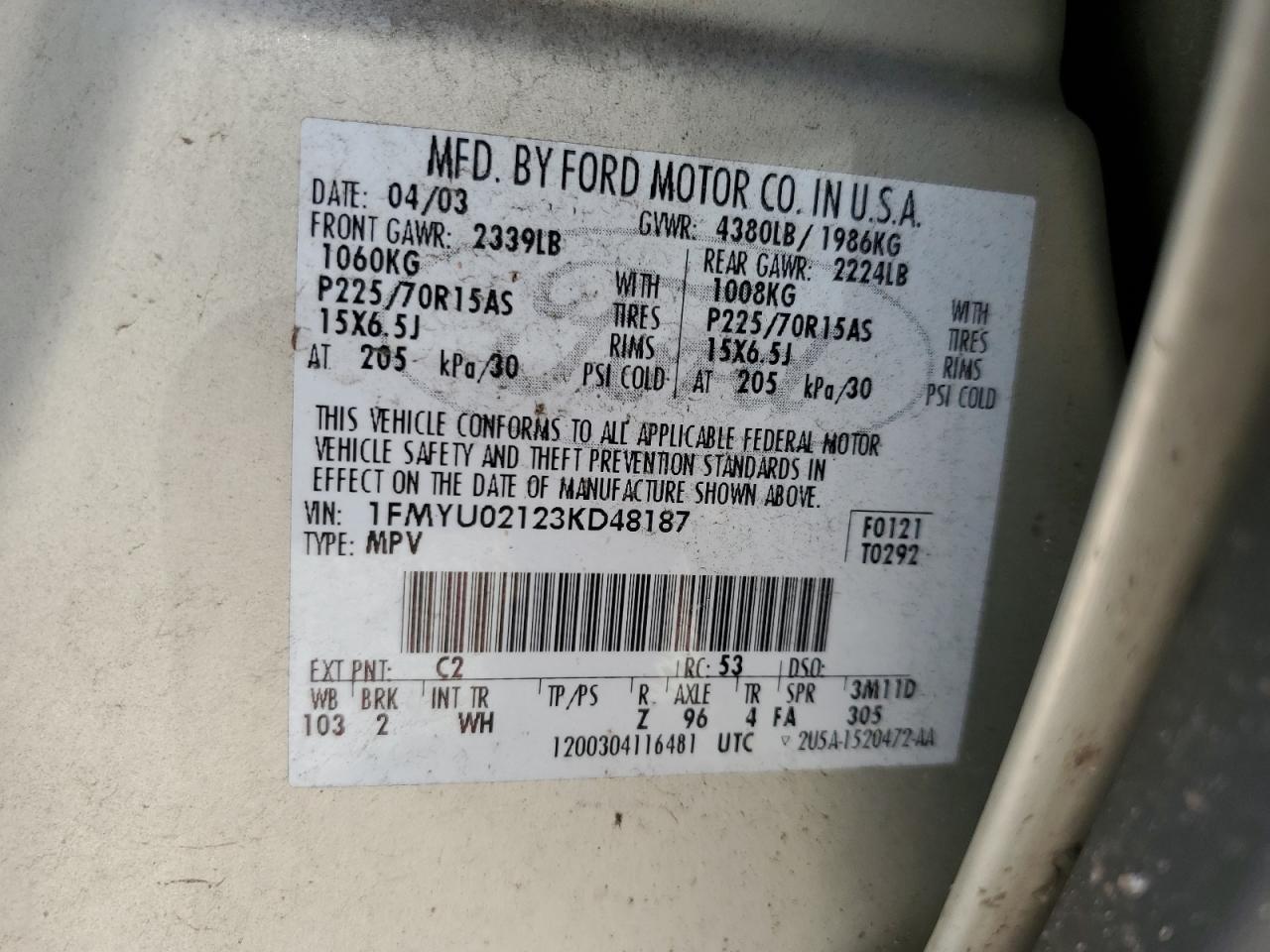 2003 Ford Escape Xls VIN: 1FMYU02123KD48187 Lot: 63703054