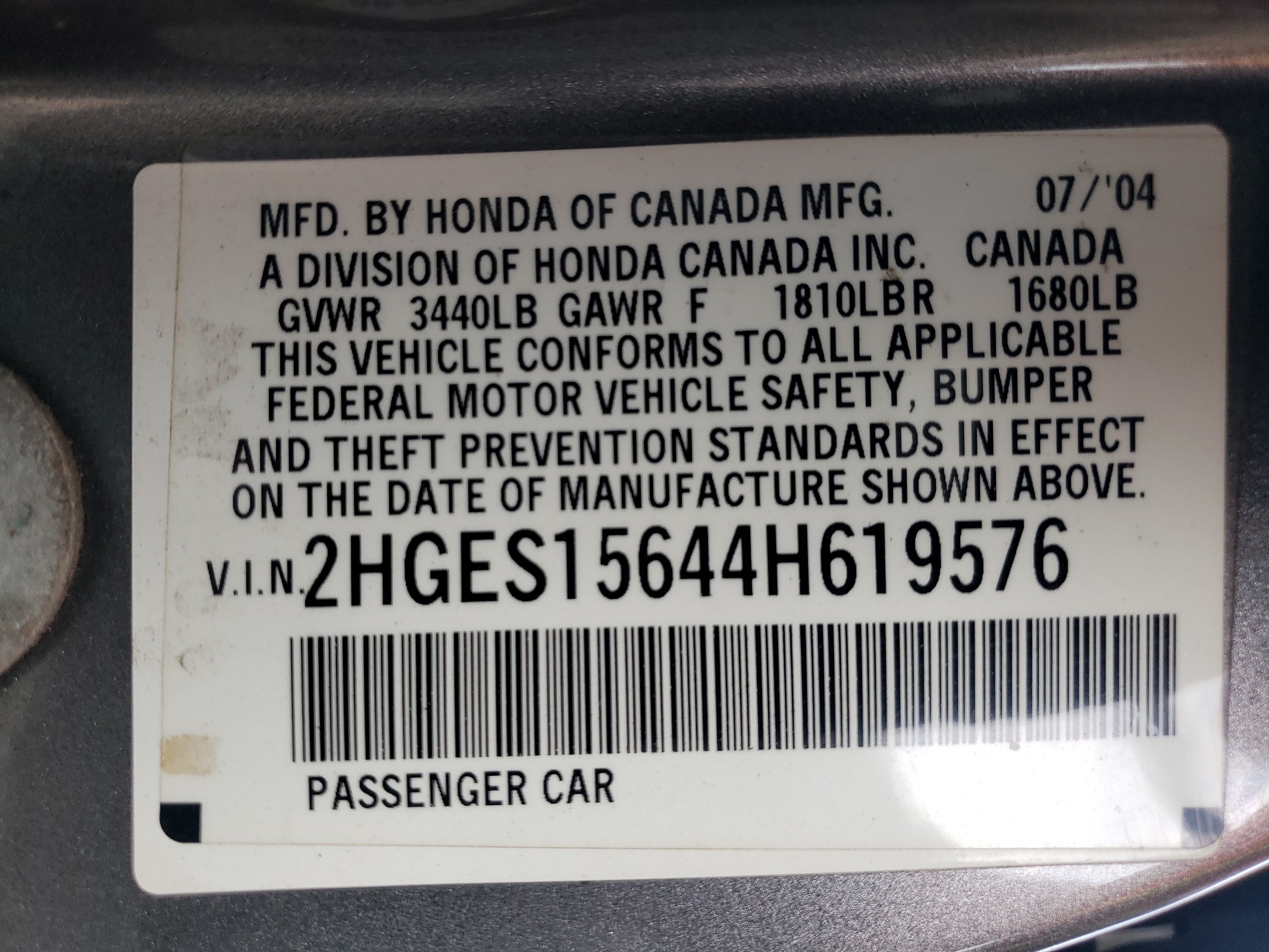 2HGES15644H619576 2004 Honda Civic Lx