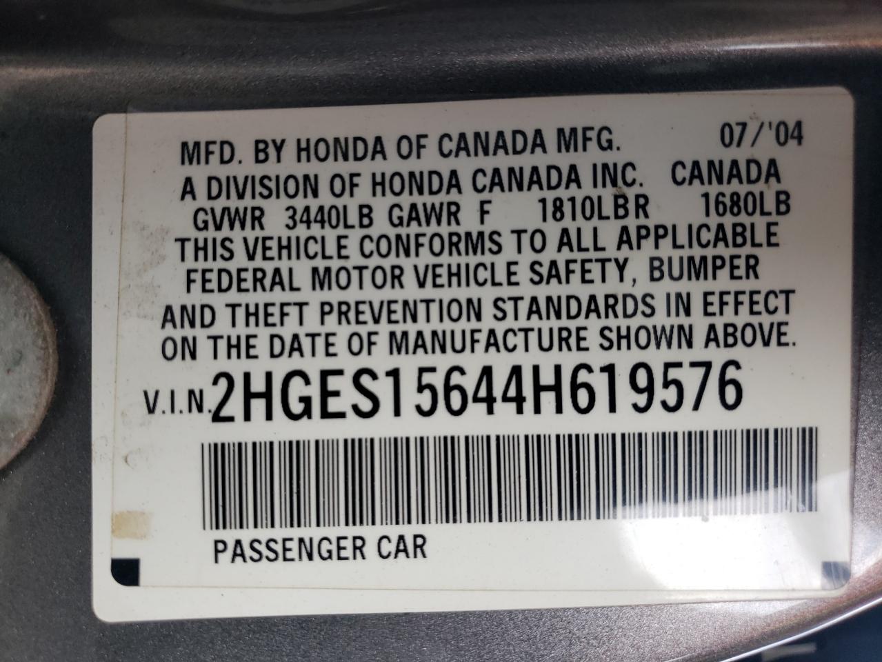 2004 Honda Civic Lx VIN: 2HGES15644H619576 Lot: 64186774