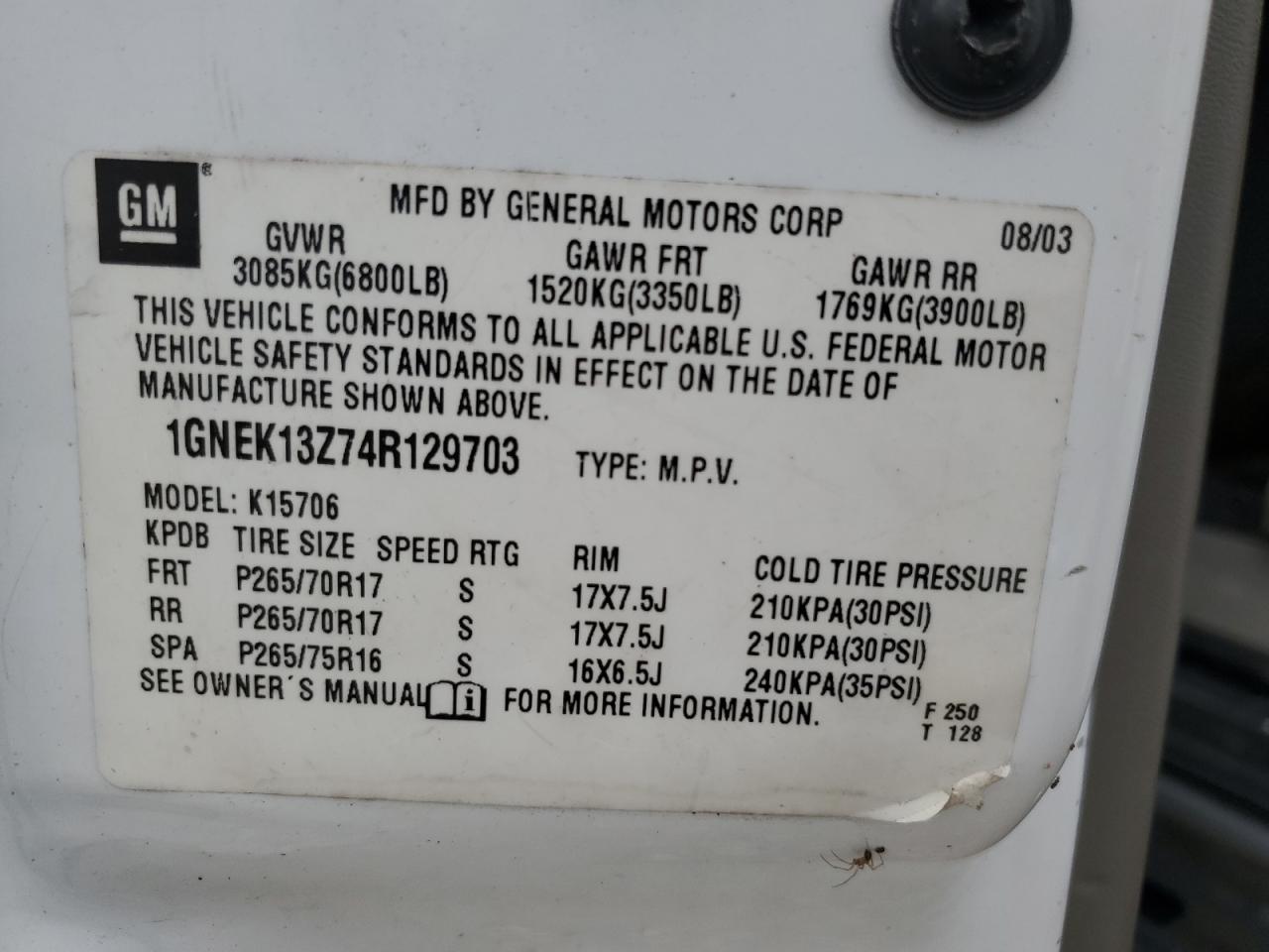 2004 Chevrolet Tahoe K1500 VIN: 1GNEK13Z74R129703 Lot: 63645854