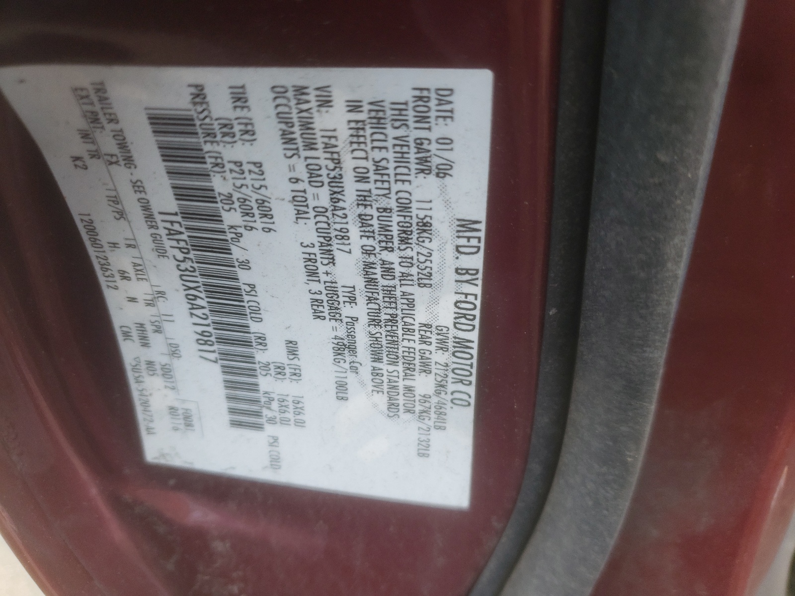 1FAFP53UX6A219817 2006 Ford Taurus Se