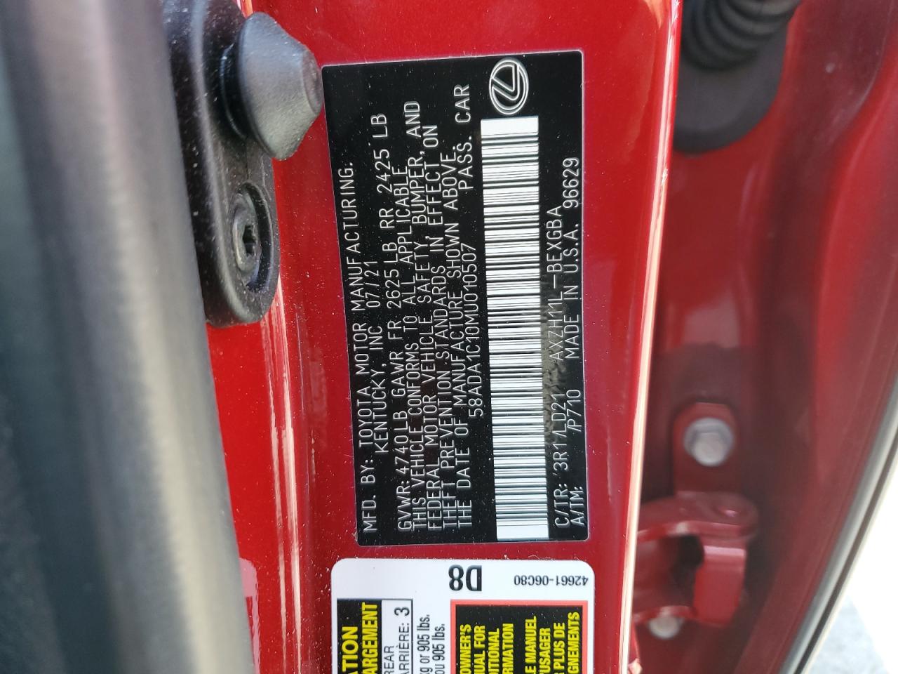 2021 Lexus Es 300H VIN: 58ADA1C10MU010507 Lot: 64489134