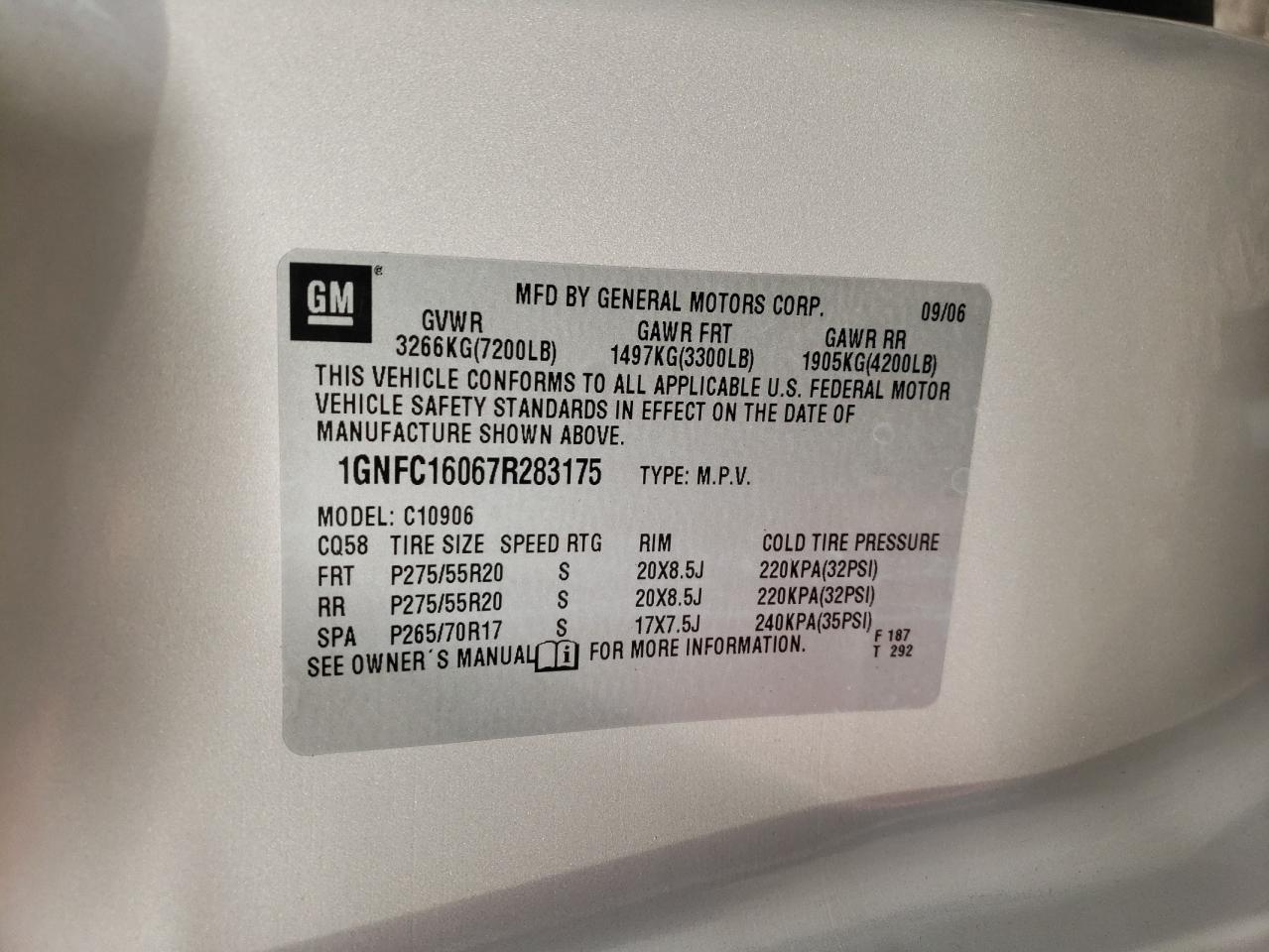 2007 Chevrolet Suburban C1500 VIN: 1GNFC16067R283175 Lot: 63675034