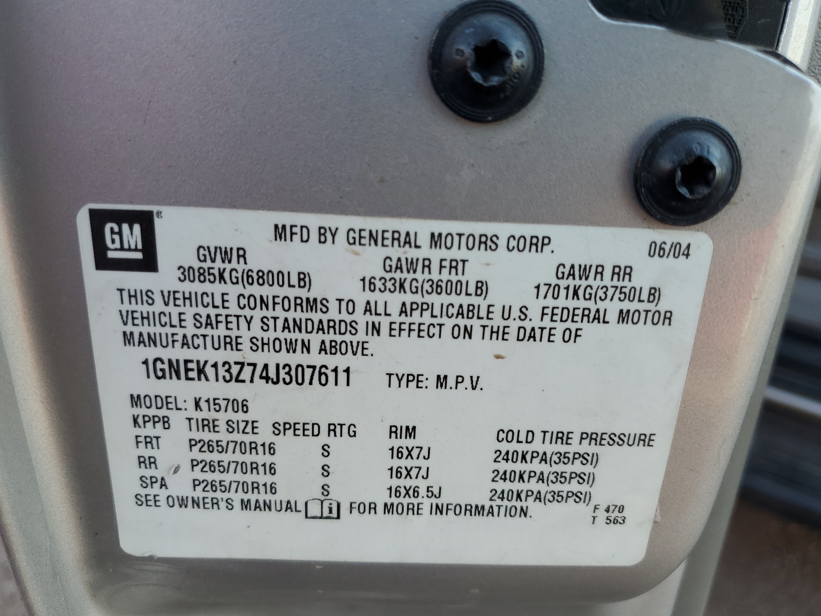 1GNEK13Z74J307611 2004 Chevrolet Tahoe K1500