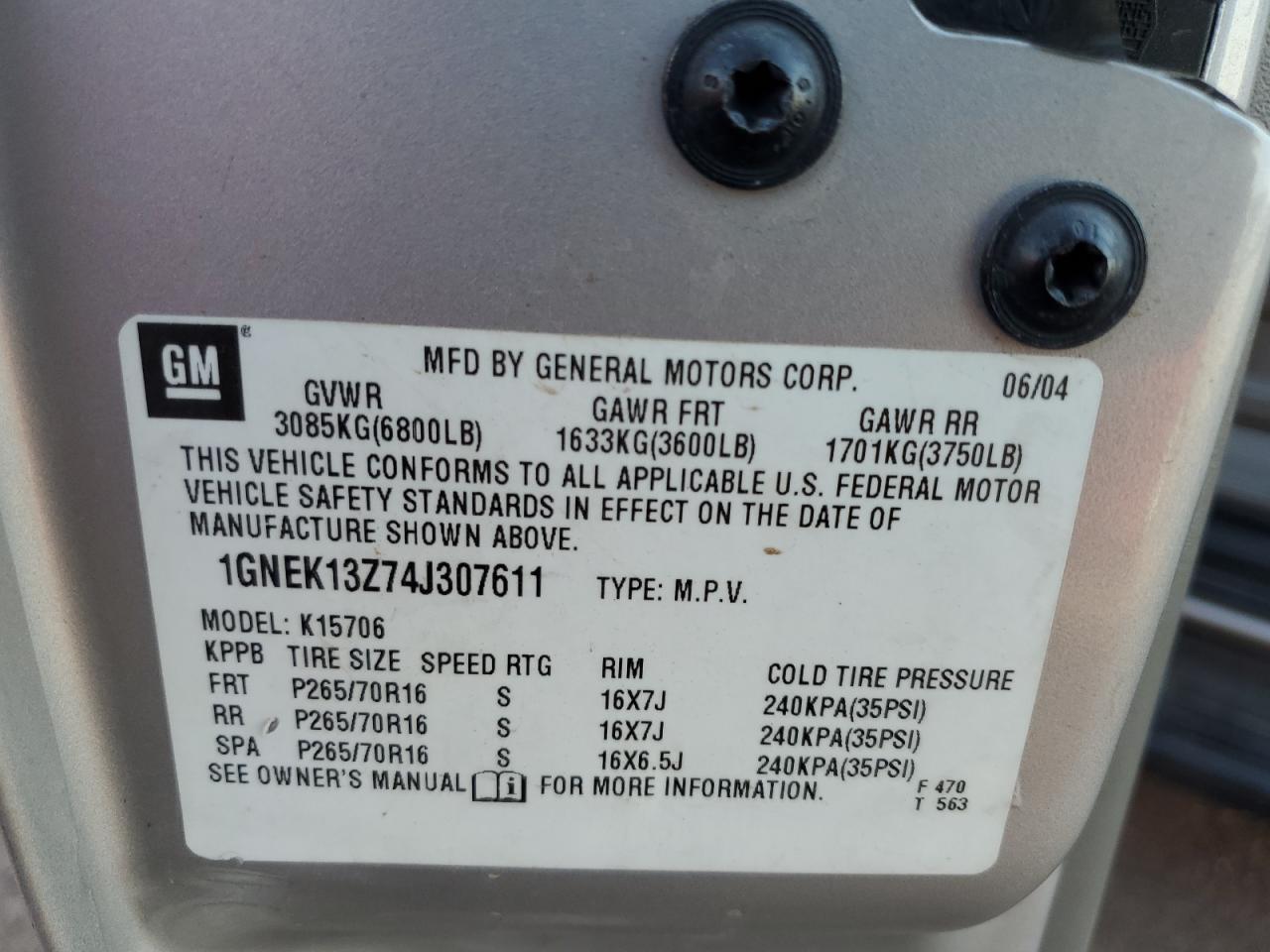 2004 Chevrolet Tahoe K1500 VIN: 1GNEK13Z74J307611 Lot: 63553544