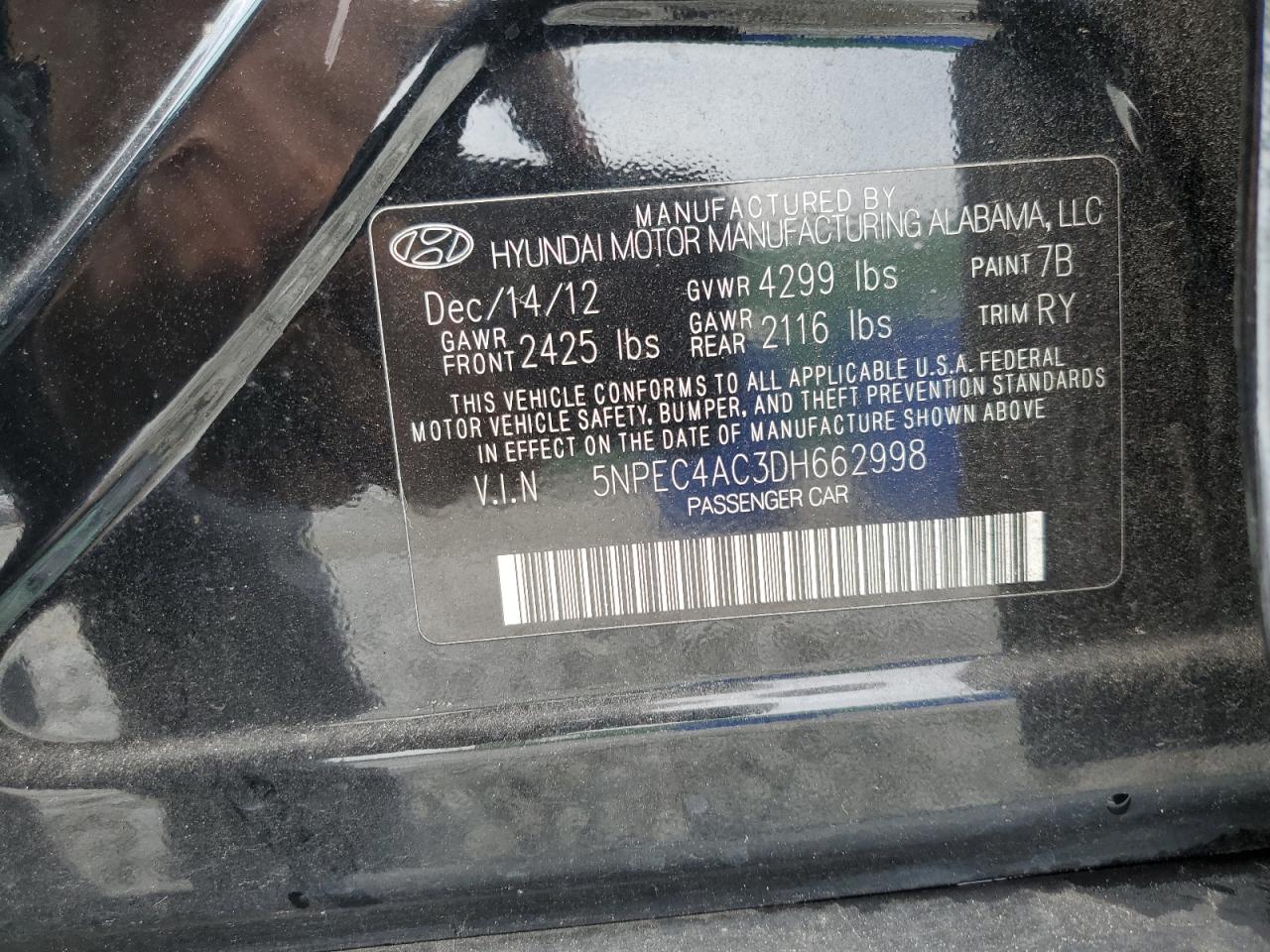 2013 Hyundai Sonata Se VIN: 5NPEC4AC3DH662998 Lot: 64132984