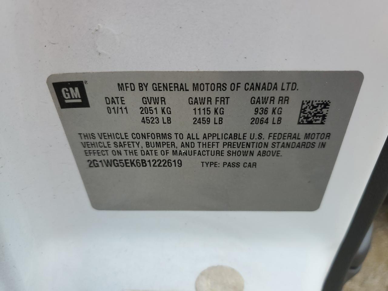 2011 Chevrolet Impala Lt VIN: 2G1WG5EK6B1222619 Lot: 64205744