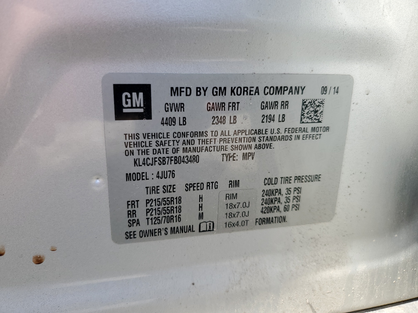 KL4CJFSB7FB043480 2015 Buick Encore Convenience