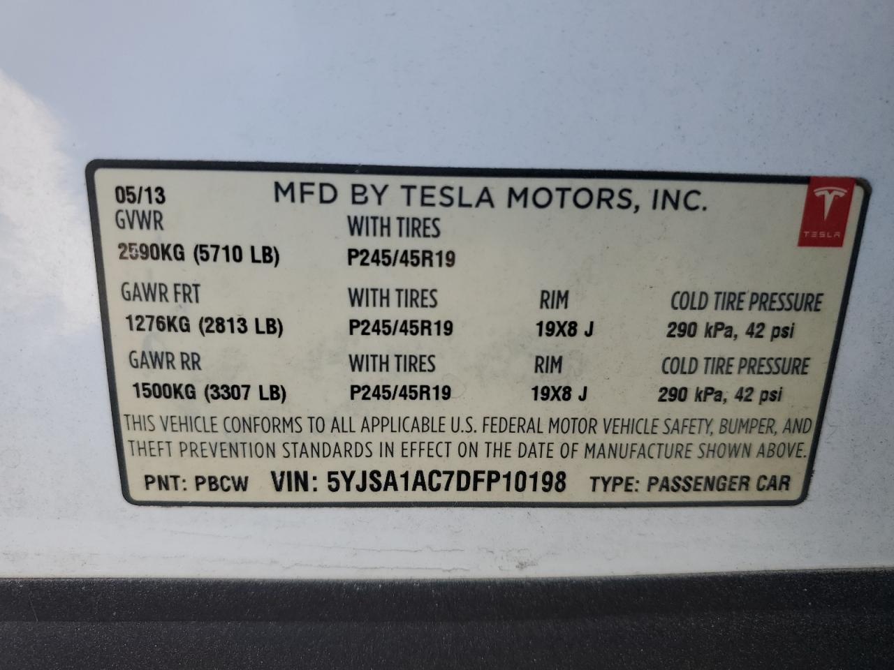 2013 Tesla Model S VIN: 5YJSA1AC7DFP10198 Lot: 63557284